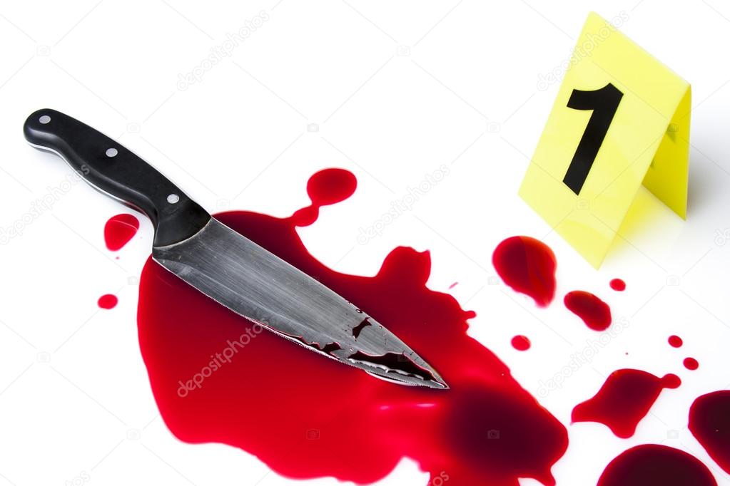 evidence marker with blood and knife isolated on white