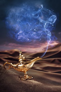 Magic Aladdin's Genie lamp on a desert clipart