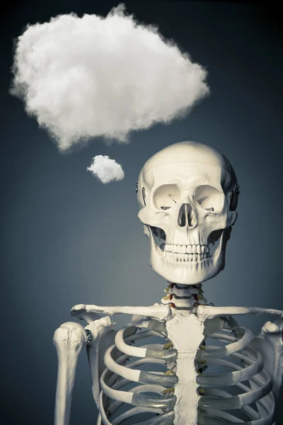 Squelette humain réfléchissant sur un fond gris — Photo