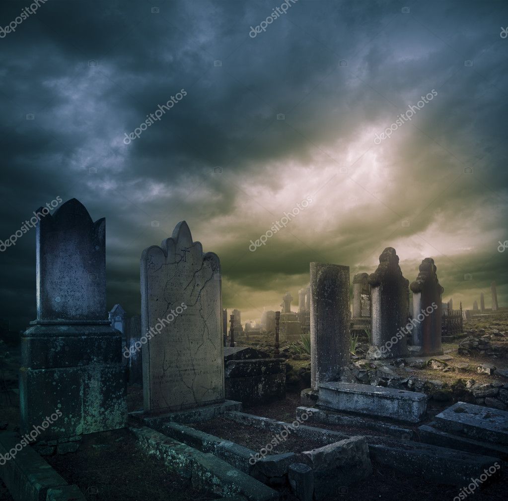 Cemetery, graveyard with tombstones at night Stock Photo by ©fergregory
