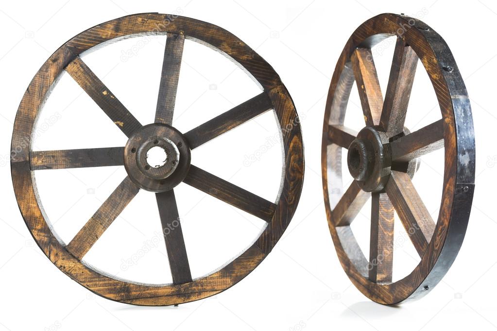 Old vintage wood wheel on white