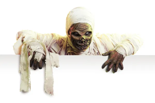 Mumie mit leerem Schild — Stockfoto