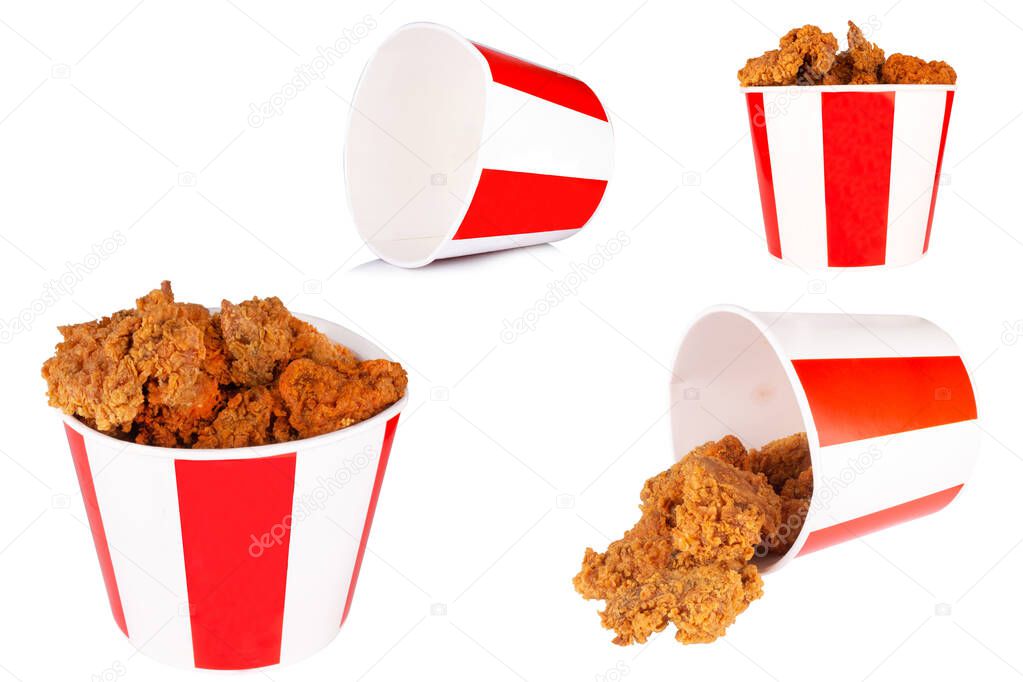 Chicken fried spicy isolated on white background bucket.