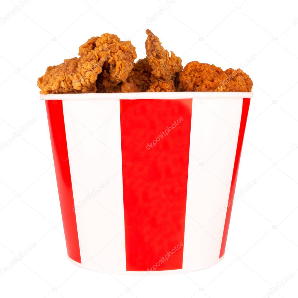 Chicken fried spicy isolated on white background bucket.