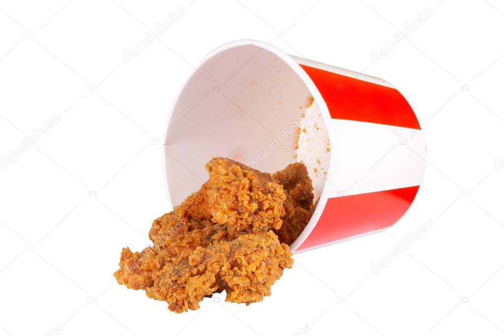 Chicken fried spicy isolated on white background bucket.