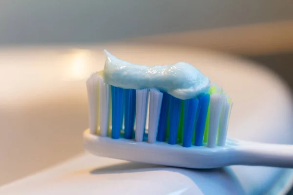 Toothbrush Closeup Bathroom Toothpaste Water Clean Care — Stock Photo, Image