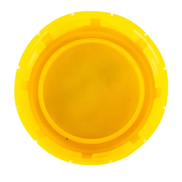 Tampa Frasco Amarelo Plástico Isolado Fundo Branco — Fotografia de Stock