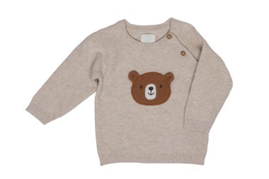 Beyaz arka planda izole edilmiş çocuk kıyafetleri. Güzel bir bej çocuk süveteri ya da örülmüş hırka. Çocuklar için sonbahar ve kış modası.