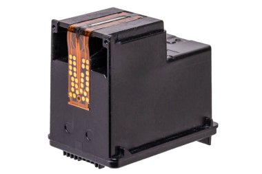 Kullanılmış boş bir mürekkep kartuşunun beyaz bir arkaplanda izole edilmiş hali. Makro fotoğraf.