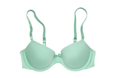 Sütyen izole. Beyaz arka planda izole edilmiş, güzel, şık, turkuaz yeşil sutyen. Şık kadın iç çamaşırları..