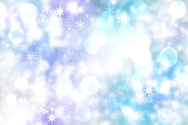 摘要带着明亮的蓝白相间的灯火通明的雪花和星星 模糊了喜庆的淡蓝色粉红冬季圣诞或新年的背景 空间为您的设计 卡片概念 — 图库照片