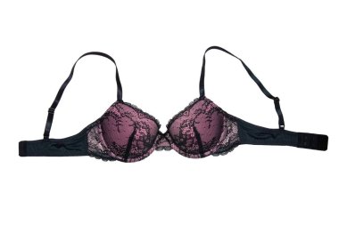 Sütyen izole. Beyaz arka planda izole edilmiş bağcıkları ve kayışları olan güzel, şık, mor renkli siyah sutyen. Modaya uygun seksi kadın iç çamaşırı..