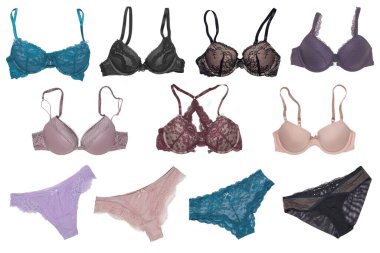 İç çamaşırlı kadın izole edilmiş. Şık, zarif dantelli tanga kolajı ve bağcıklı ve kayışlı kadın stil sütyen. Seksi dantel iç çamaşırı seti.