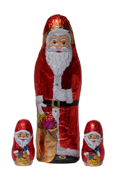 Schoko Weihnachtsmann Isoliert Großaufnahme Von Drei Fröhlich Verpackten Schoko Weihnachtsmännern — Stockfoto