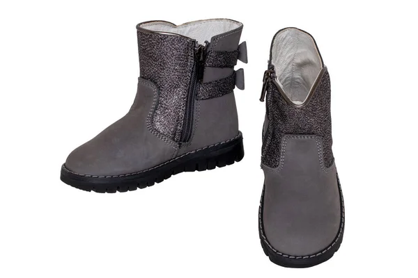 Winter Boots Close Pair Elegant Gray Silver Leather Winter Boots — Stock Photo, Image