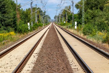 Transit Demiryolu rayları mavi gökyüzü ve kabarık bulutları olan manzaralı bir orman kırsalında ilerliyor..