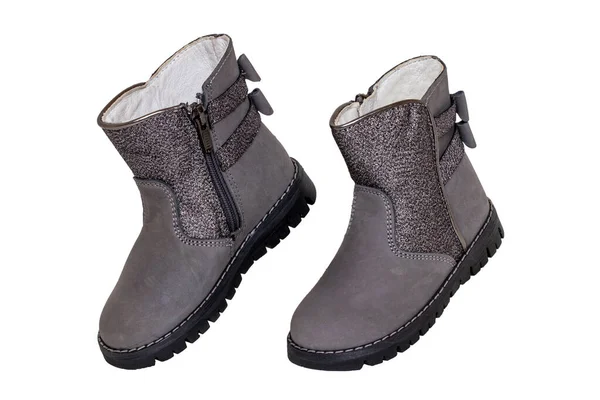 Winter Boots Close Pair Elegant Gray Silver Leather Winter Boots — Stock Photo, Image