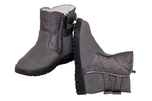 Winter Boots Close Pair Elegant Gray Silver Leather Winter Boots — ストック写真