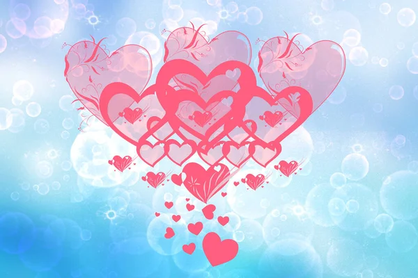 Abstract Festive Blur Bright Blue Pastel Background Red Hearts Love — Stockfoto