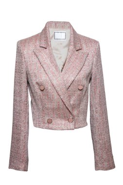 Pembe kadın ceketi. Beyaz arka planda izole edilmiş modern şık bir tüvit ceketin yakın çekimi. Bakire yününden yapılma tüvit kumaş İskoçya 'dan geliyor..