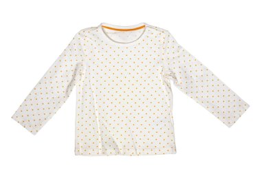 Yaz gömleği izole. Beyaz bir kızın tişörtü ya da beyaz arka planda sarı benekli tişört. Çocuklar bahar modası.