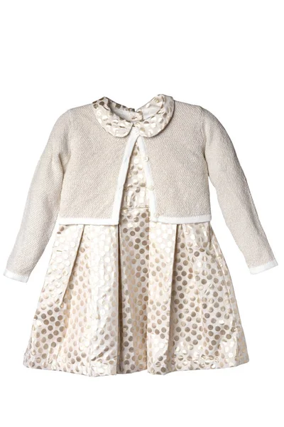 Parti elbisesi izole. Beyaz arka planda yelekli, gümüş sarısı kolsuz, güzel bir bebek elbisesi. Kesme yolu. Çocukların yaz kıyafetleri.