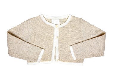 Beyaz bir arka planda izole edilmiş küçük bir kızın şenlikli elbisesi için bej renkli kısa bolero ceket ya da yelek. Kesme yolu.