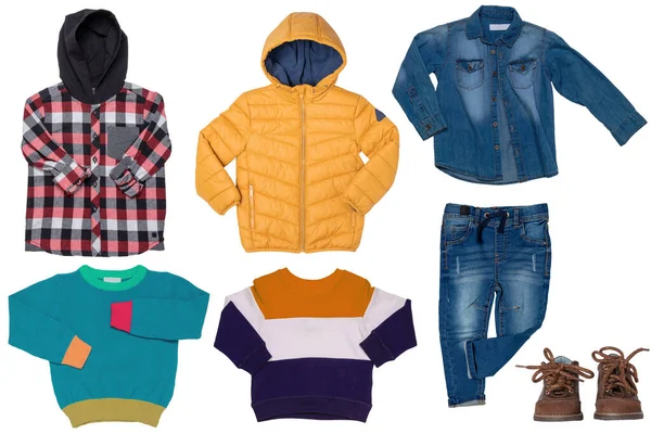 Collage Set Little Boy Autumn Clothing Isolated White Background Denim — Stock Photo, Image