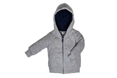 İzole edilmiş çocuk ceketi. Gri kapüşonlu cekete yakın çekim ya da beyaz arka planda izole edilmiş bir çocuk için hırka. Kesme yolu. Çocuklar bahar, sonbahar ve kış modası.