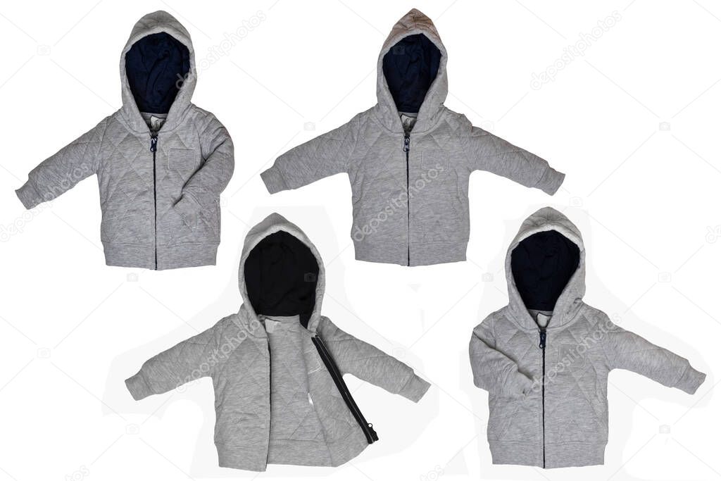 Collage set of a trendy gray hoodie sport jacket or cardigan for child boy in various views isolated on a white background. Childrens spring, autumn and winter fashion.