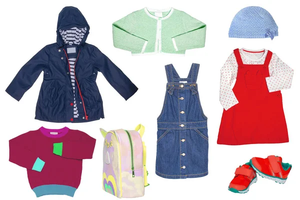 Ensemble Collage Vêtements Printemps Pour Petite Fille Isolés Sur Fond — Photo