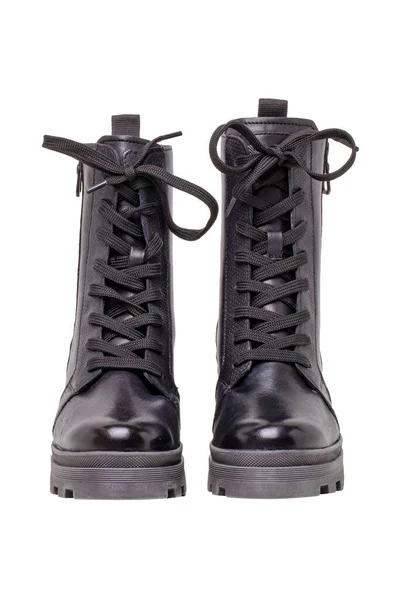 Womens Boots Shoes Closeup Pair Female Elegant Black Leather Winter — Stock Photo, Image