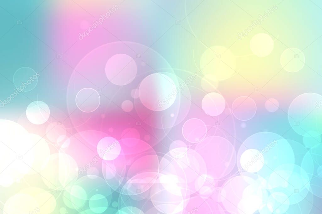 Abstract blurred fresh vivid spring summer light delicate pastel yellow pink orange turquoise bokeh background texture with bright circular soft color lights. Beautiful backdrop illustration.
