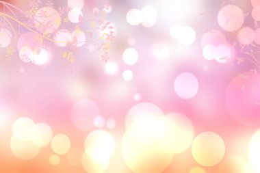 Merhaba Bahar Arkaplanı. Soyut bulanık taze yaz ışığı parlak bitki dalları ile narin, beyaz, sarı bokeh arkaplan dokusu. Kart konsepti. Güzel arkaplan illüstrasyonu.