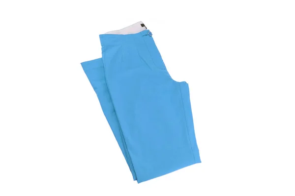 女裤被隔离了 为被白色背景隔离的现代女性设计的一条蓝色休闲裤或运动裤的特写 — 图库照片