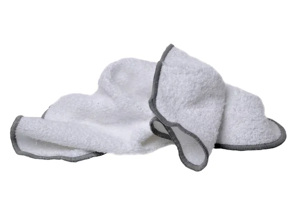 家庭の清潔さと衛生 白い背景に隔離された白いクリーニング布のクローズアップ マイクロファイバークリーニング布 マクロ — ストック写真