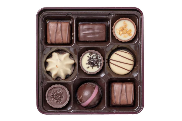 Closeup Box Fine Chocolate Candies Beautiful Plastic Box Isolated White Stock Picture