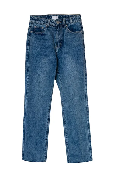 Jeans Isolated Trendy Stylish Blue Denim Pants Trousers Isolated White — Stock Photo, Image