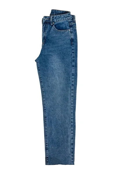Vrouwenjeans Geïsoleerd Gevouwen Trendy Stijlvolle Vrouwelijke Blauwe Jeans Broek Geïsoleerd — Stockfoto