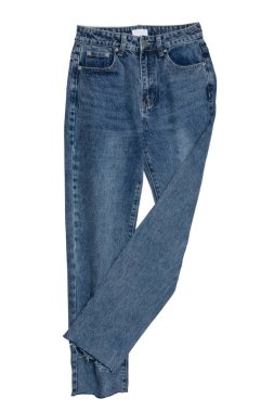 Kot pantolon izole. Modaya uygun mavi kot pantolon ya da beyaz arka planda izole edilmiş pantolon. Kesme yolu. Yaz ve sonbahar modası. Ön görünüm.