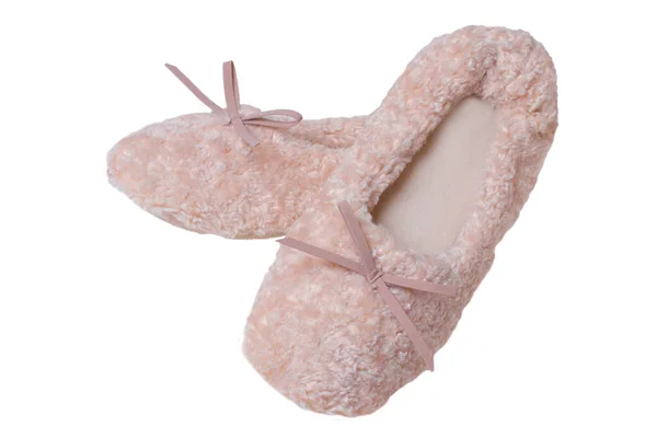 Slippers Geïsoleerd Close Van Een Paar Vrouwelijke Roze Warme Zachte — Stockfoto