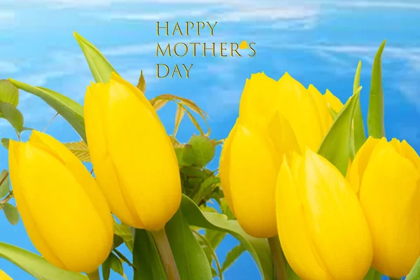 Muttertagsgrußkarte Dekorative Komposition Eines Bündels Gelber Tulpen Über Abstraktem Blauem — Stockfoto