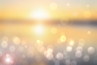 Soyut gün batımı çizimi. Soyut bir akşam ya da günbatımı modunda açık mavi okyanus ve pastel renkli bokeh ışıkları ve sarı güneşli gökyüzü. Güzel gün batımı.