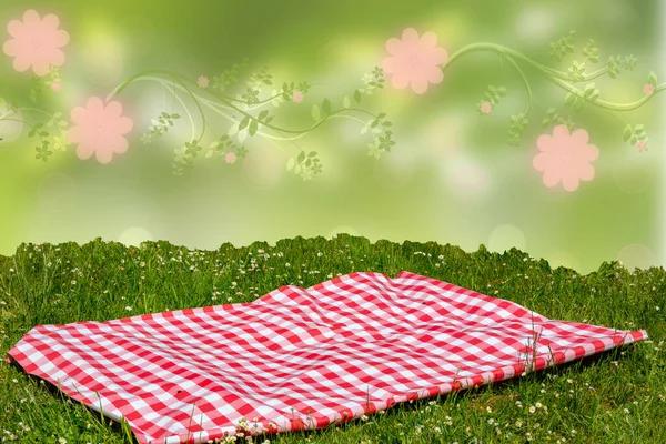 Red picnic cloth. Red checked picnic blanket on a meadow with daisies in bloom and a abstract spring background. Beautiful backdrop for your product placement or montage.