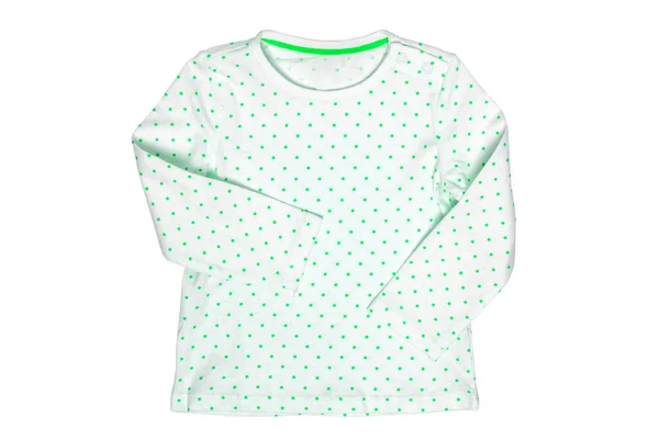 子供用のシャツ 白い背景に緑の水玉が孤立した白いTシャツのクローズアップ 子供のための春と夏のファッション クリッピングパス — ストック写真