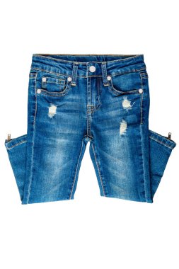 Girls jeans isolated. Folded trendy stylish female blue jeans trousers isolated on a white background. Fashionable denim pants for kids.