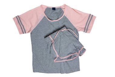 Closeup of gray pink female sexy nightwear summer set of shorts and a top or shirt isolated on a white background. Clipping path. Fashionable night wear or nighties.