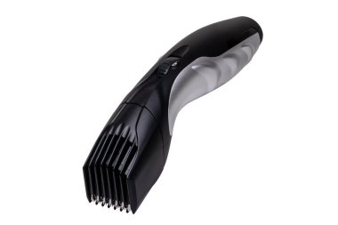 Close-up of a new black silver rechargeable beard and hair clipper isolated on a white background. Clipping path. Cordless hair and beard trimmer. Macro.