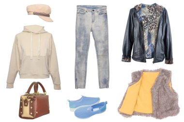 Kolaj kadın kıyafetleri. Beyaz arka planda şık ve modaya uygun kadın ceketi, bluz veya gömlek, ayakkabı, çanta ve aksesuarlar. Son moda eğilimleri.