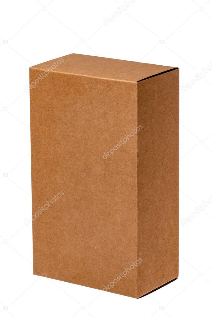 Closed brown cardboard box or kraft paper box with clipping path isolated on white background. Suitable for packaging. Macro.
